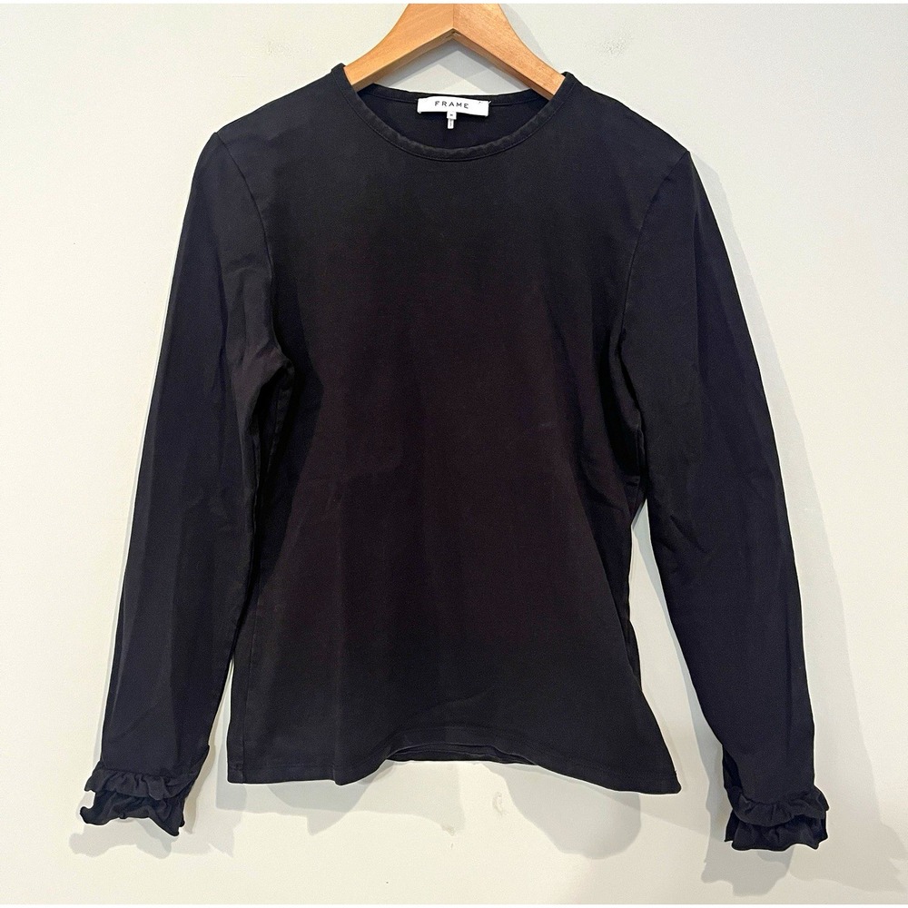 FRAME Womens Black Solid Jersey Cotton Ruffle Crew Neck Long Sleeve Tee M